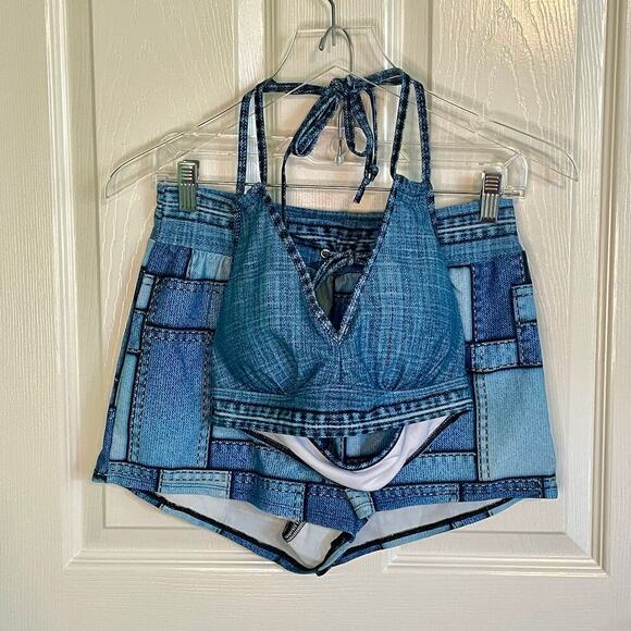 NWOT No Brand Denim Patches High Waisted Halter Bikini Shorts Women's Size Small - Picture 6 of 12